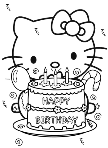 Happy Birthday Hello Kitty Coloring Page